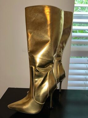 Gold High Heel Knee-High Boots - Women's Metallic Stiletto Boots